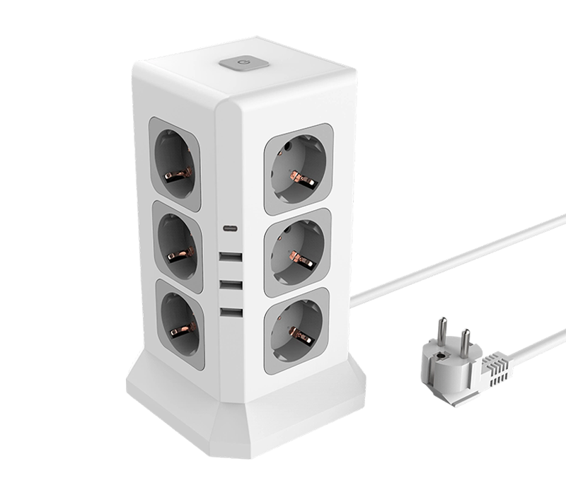 Priză multifuncțională cu fir E11 cu 12 prize în stil european, 3 porturi USB-A și 1 port USB-C, cu comutator