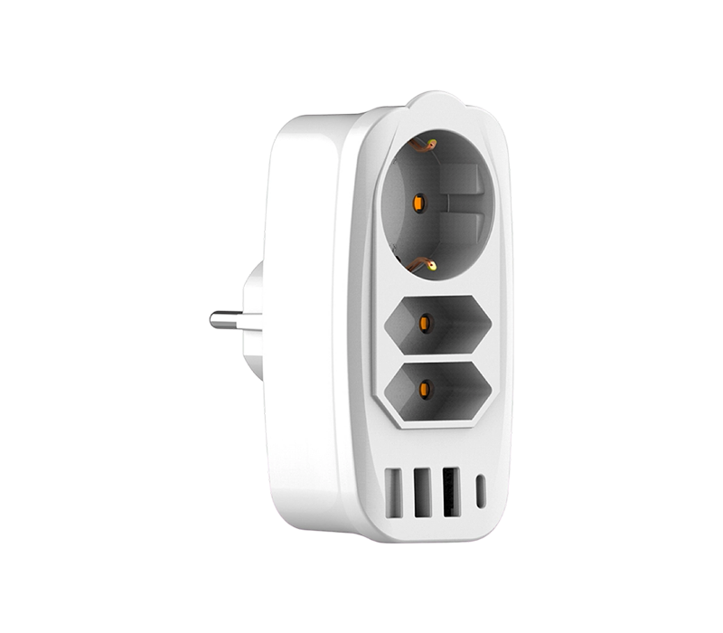 E06 Multifuncțional multifuncțional cu 2 prize europene de tip C, 1 priză europeană de tip F, 3 porturi USB-A și 1 port USB-C
