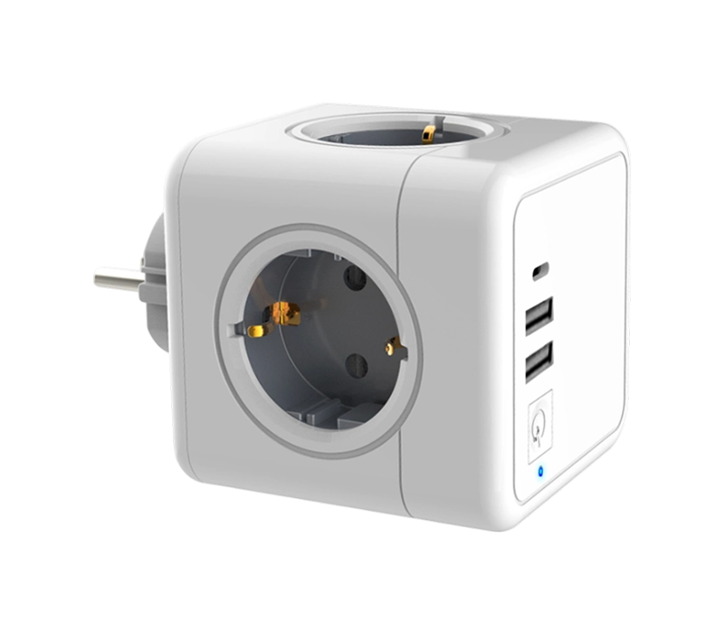 E02C Plug-in Cube Power Strip cu 4 prize în stil euro, 2 porturi USB-A și 1 port USB-C