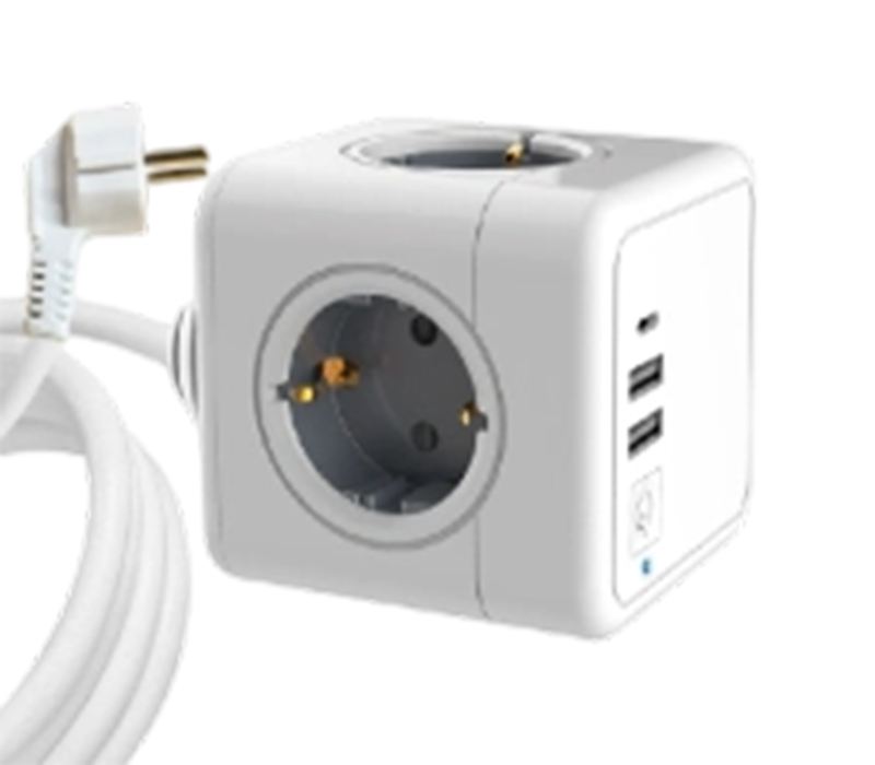 Priză E04C cub cu fir cu 4 prize în stil european, 2 porturi USB-A și 1 port USB-C