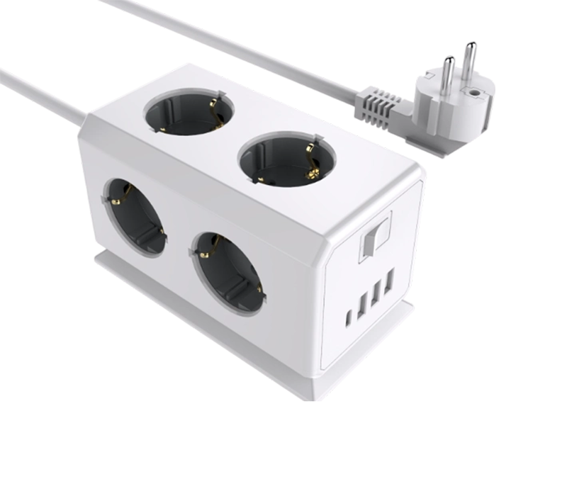 Priză multifuncțională cu fir E08 cu 6 prize în stil european, 3 porturi USB-A și 1 port USB-C, cu comutator