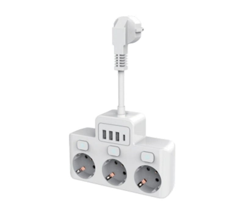 Priză E14 cu fir cu 3 prize în stil european, 3 porturi USB-A și 1 port USB-C, cu comutator independent
