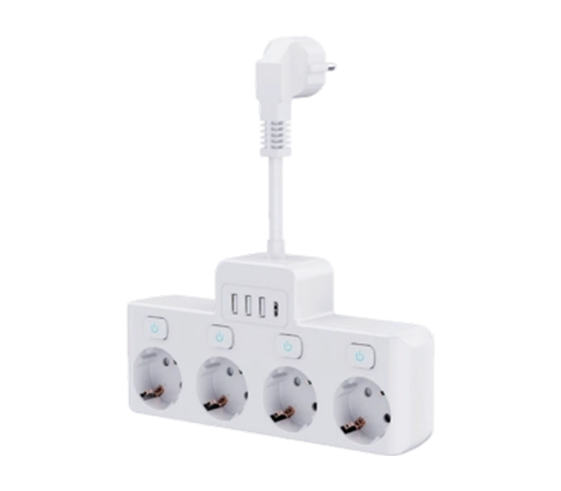 Priză E14-4 cu fir cu 4 prize în stil european, 3 porturi USB-A și 1 port USB-C, cu comutator independent