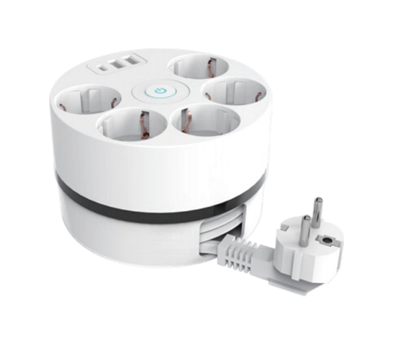 Bandă de alimentare cu bobină de cablu E18 cu cablu retractabil, 5 prize în stil european, 2 porturi USB-A și 1 port USB-C, comutator inclus