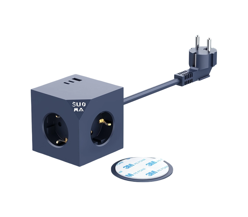 Priză E25 cu fir cub cu 3 prize în stil european, 1 porturi USB-A și 2 porturi USB-C, cu autocolante adezive de 3 m
