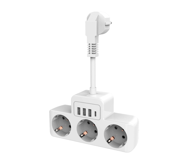 Priză E13 cu fir cu 3 prize în stil european, 3 porturi USB-A și 1 port USB-C
