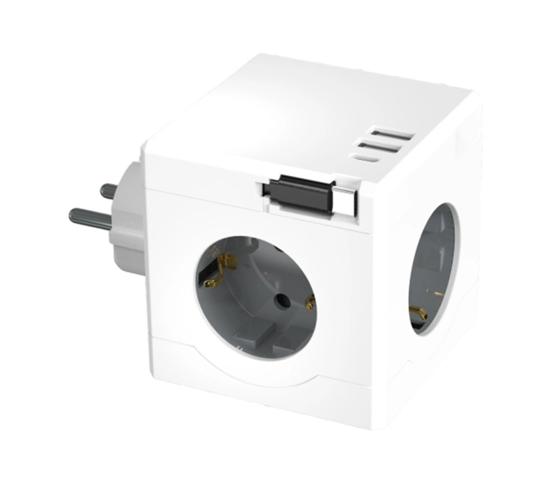Priză E15-D Plug-in Cube cu 3 prize în stil european, 2 porturi USB-A și 1 port USB-C, cu un cablu de încărcare retractabil