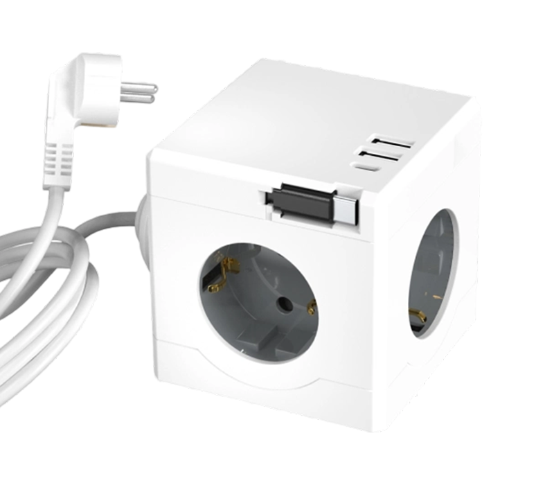Priză cub E16-D cu fir cu 3 prize în stil european, 2 porturi USB-A și 1 port USB-C, cu un cablu de încărcare retractabil