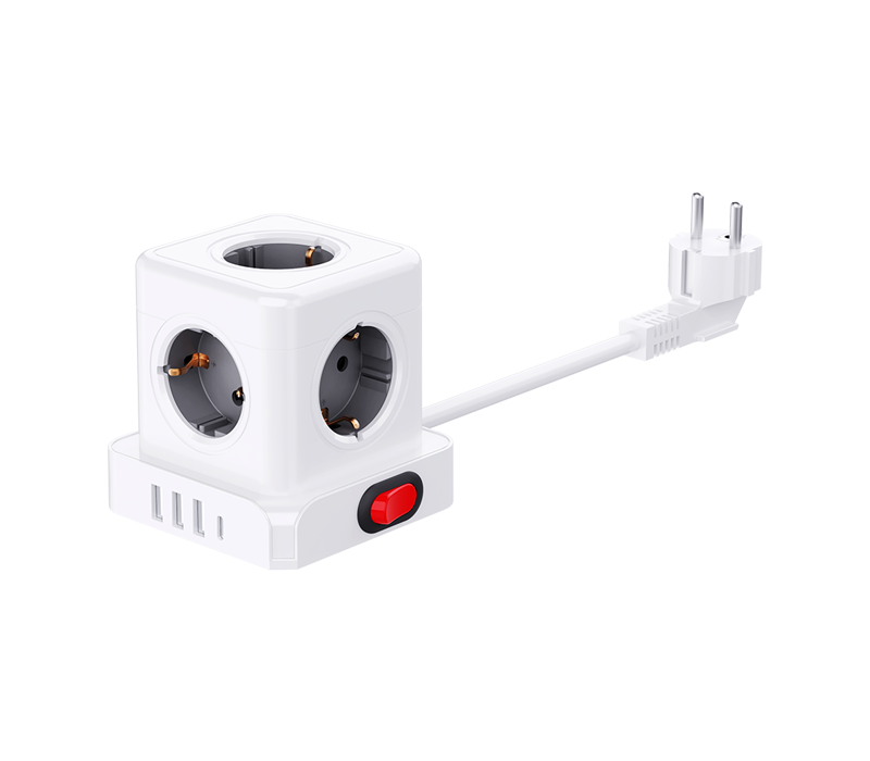 Priză E23 cu fir cub cu 5 prize în stil european, 3 porturi USB-A și 1 port USB-C, cu comutator