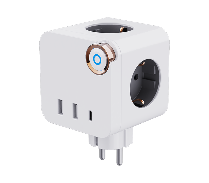 Priză E19 Plug-In Cube cu 3 prize în stil european, 2 porturi USB-A și 1 port USB-C, cu comutator