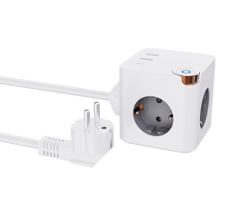 Priză E20 cu fir cub cu 3 prize în stil european, 2 porturi USB-A și 1 port USB-C, cu comutator